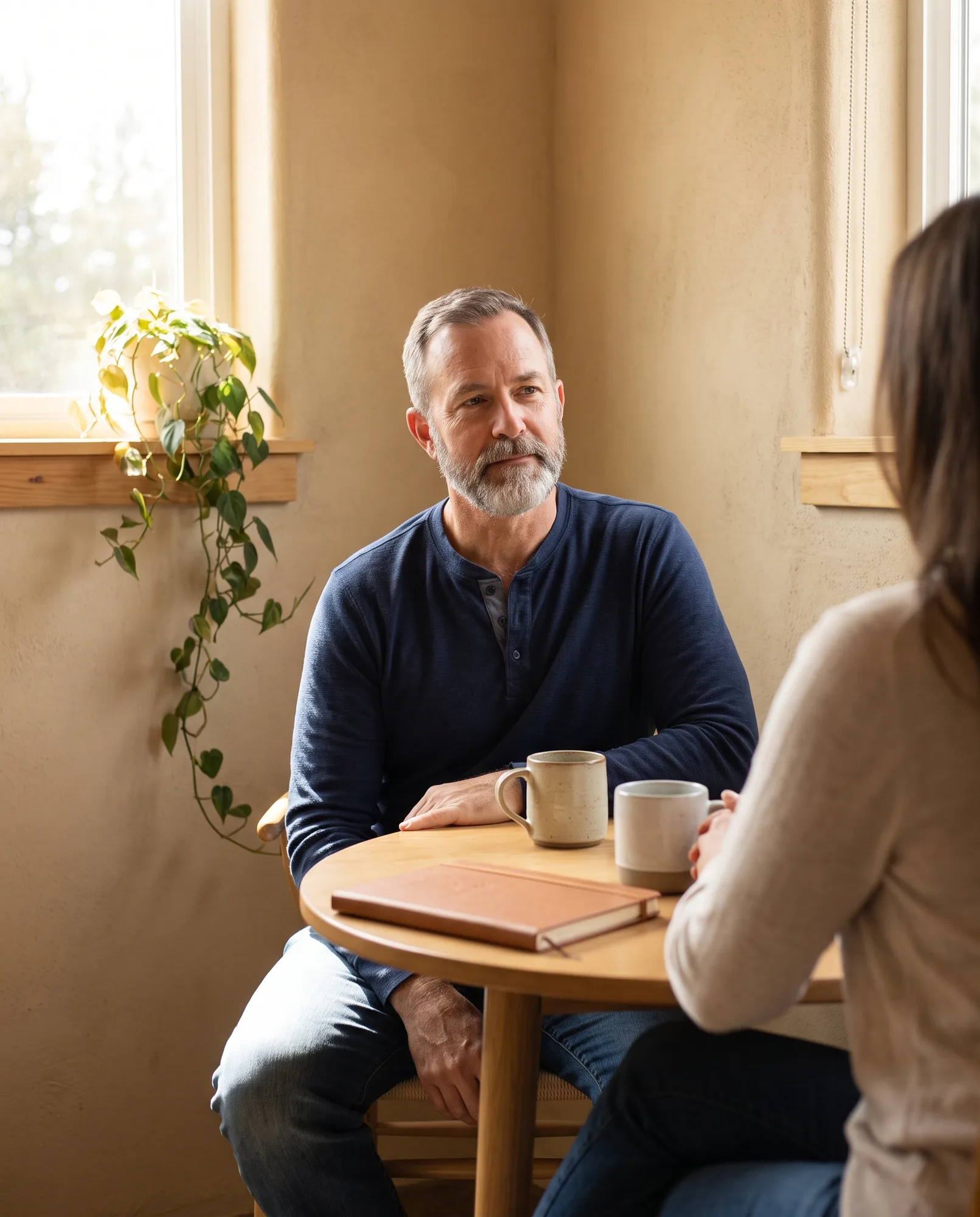 Holistic health practitioner listening closely to a patient over tea in a quiet consultation room